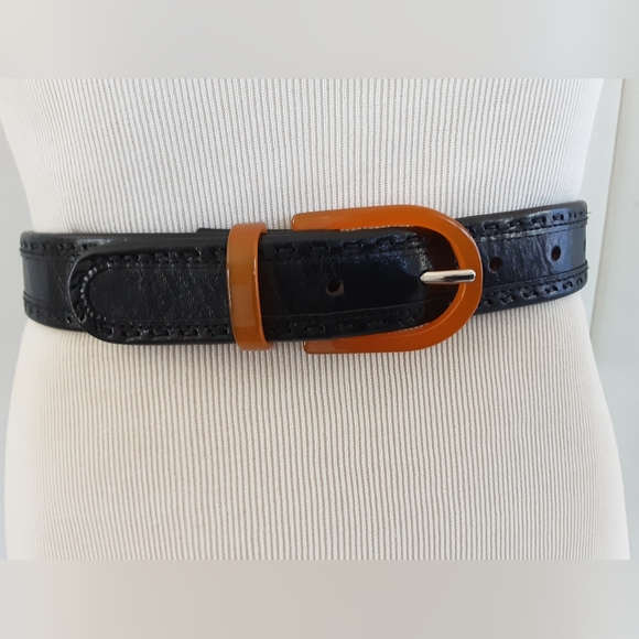 COLE HAAN ITALY Black Leather Amber Buckle Belt Sz L - Unisex - NWOT - MSRP $150